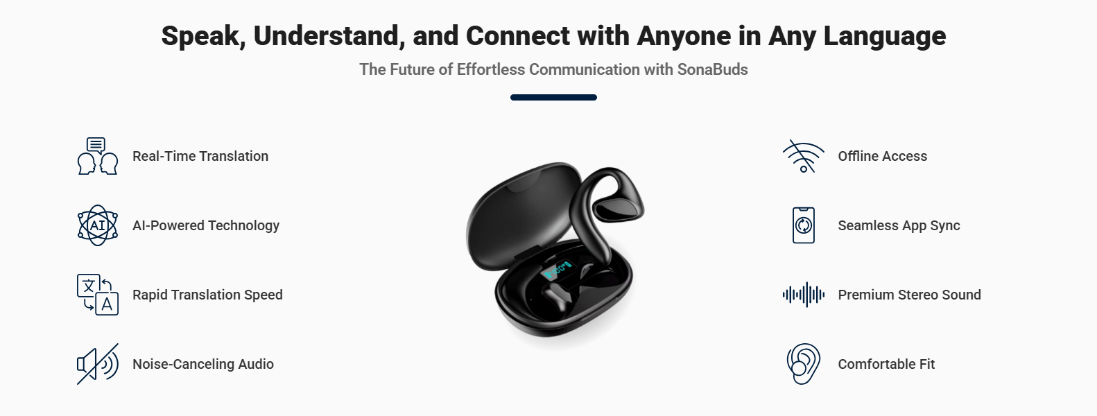 SonaBuds features: real-time translation, AI-powered technology, offline access, noise-canceling audio, and more